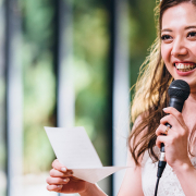 Girl making speech with microphone experiencing social anxiety